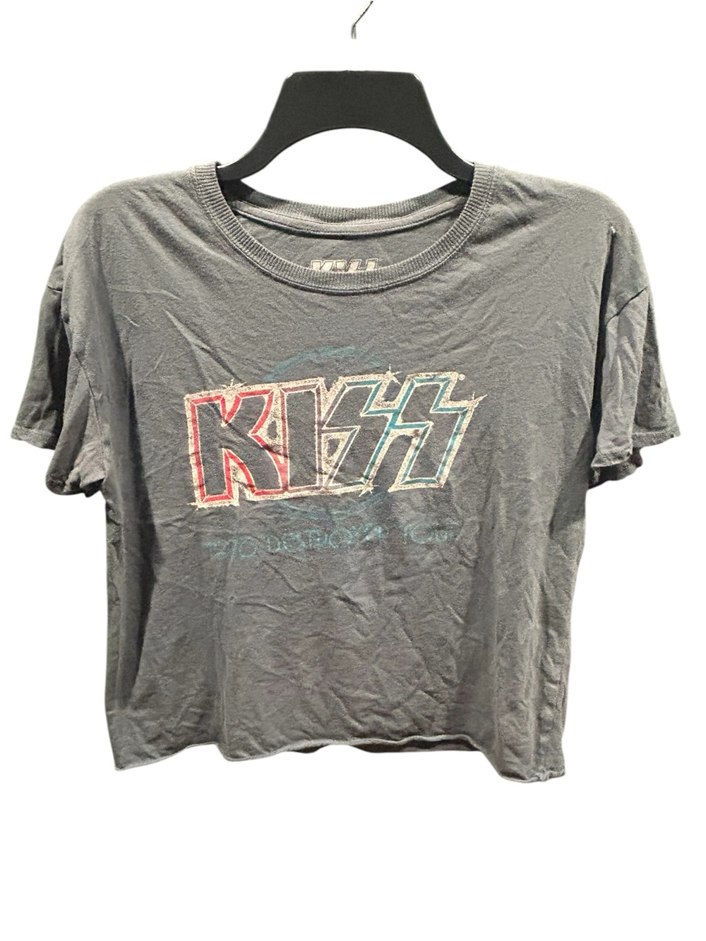 KISS Band Graphic Crop Top Shirt Womens Large L Gray Distressed Raw Hem 2023